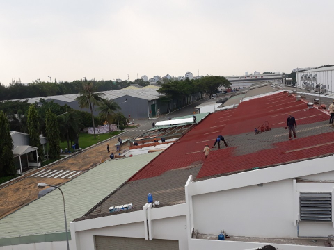 Thi công gia cường mái tôn bằng hệ sơn chống UV (polyurethane)